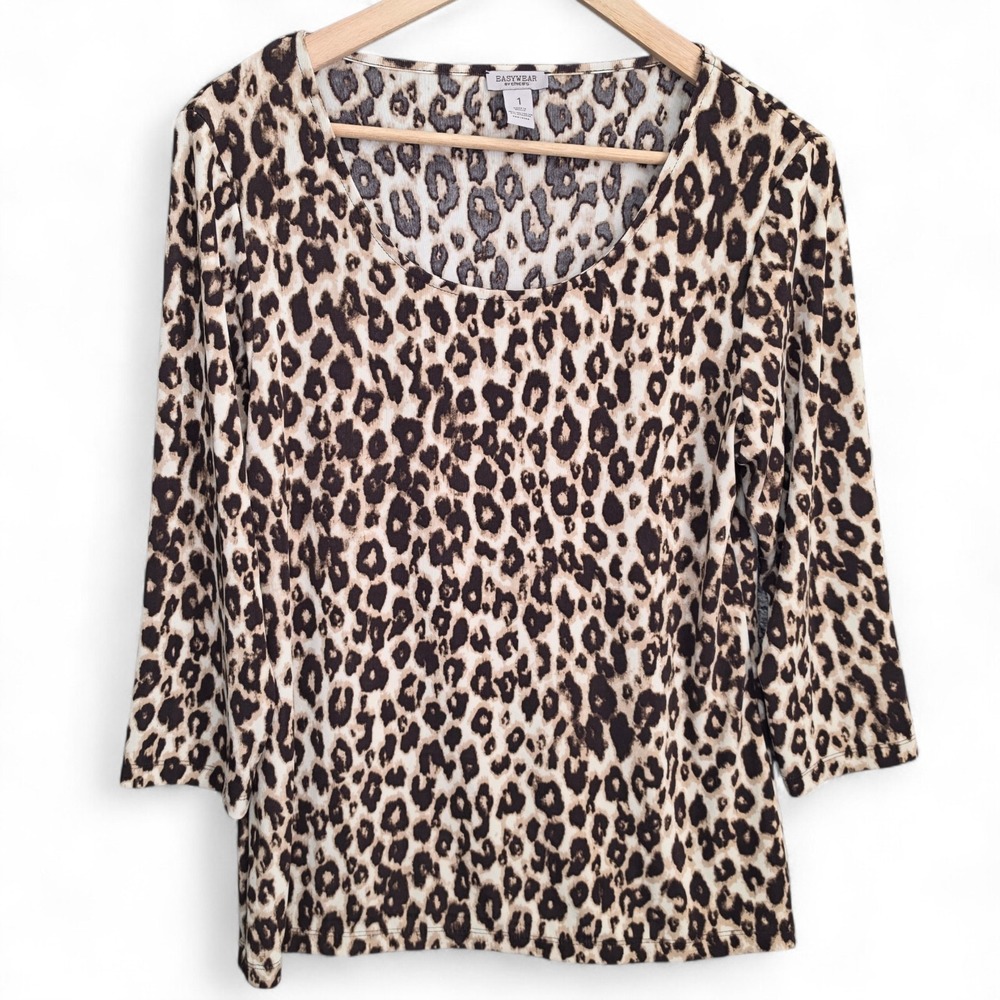 Chicos Easywear Top‎ Womens 1 US Medium Brown Animal Print Scoop Neck Blouse